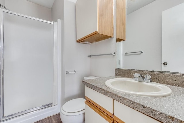 full bath featuring a shower stall, vanity, and toilet