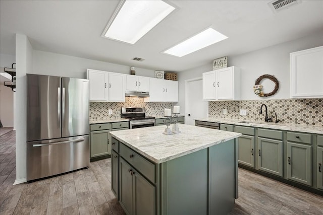 kitchen featuring white cabinetry, sink, backsplash, appliances with stainless steel finishes, and light wood-type flooring