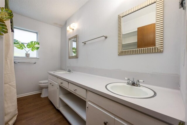 bathroom with vanity, toilet, wood-type flooring, and a textured ceiling