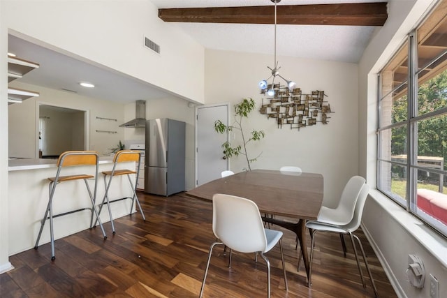 dining space with dark hardwood / wood-style flooring, lofted ceiling with beams, and a notable chandelier