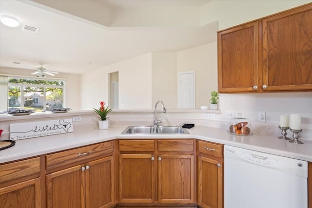 kitchen featuring dishwasher, ceiling fan, and sink