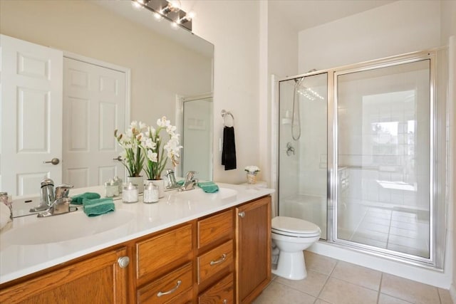 bathroom with tile patterned flooring, vanity, toilet, and walk in shower