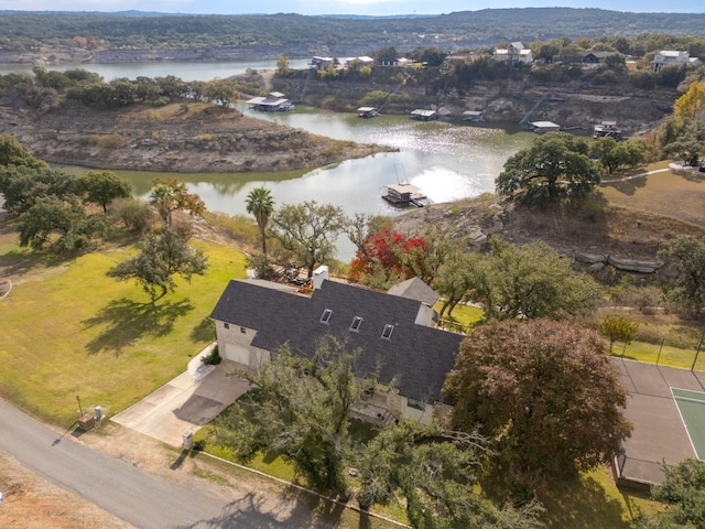 bird's eye view with a water view