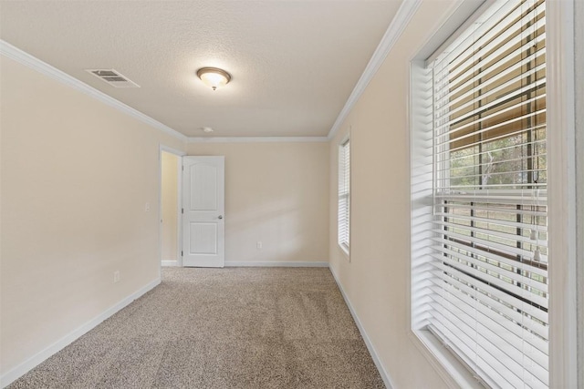 spare room with carpet, visible vents, crown molding, and a textured ceiling