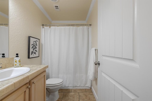 bathroom with a shower with curtain, toilet, ornamental molding, vanity, and tile patterned flooring