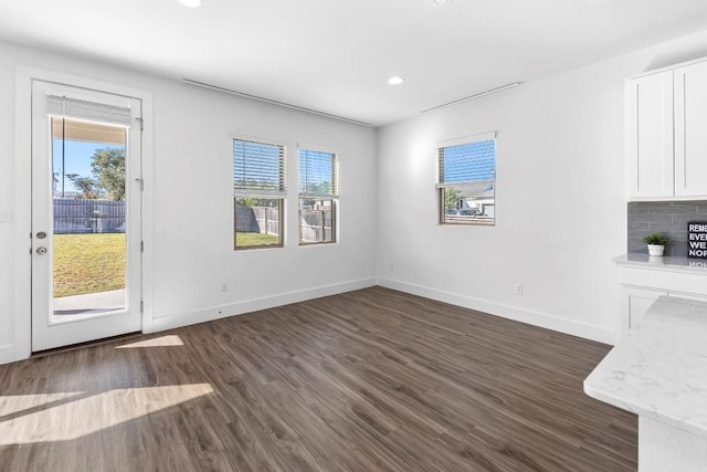 interior space featuring dark wood-style floors, plenty of natural light, and baseboards