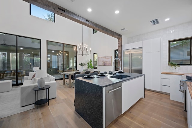 kitchen featuring sink, hanging light fixtures, a center island with sink, white cabinets, and appliances with stainless steel finishes