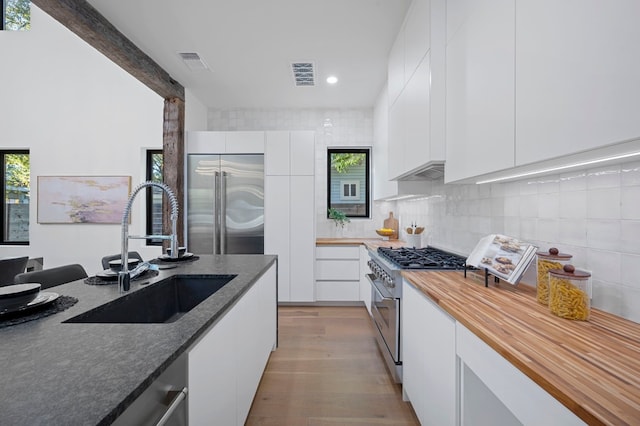 kitchen featuring decorative backsplash, high end appliances, sink, light hardwood / wood-style floors, and white cabinetry