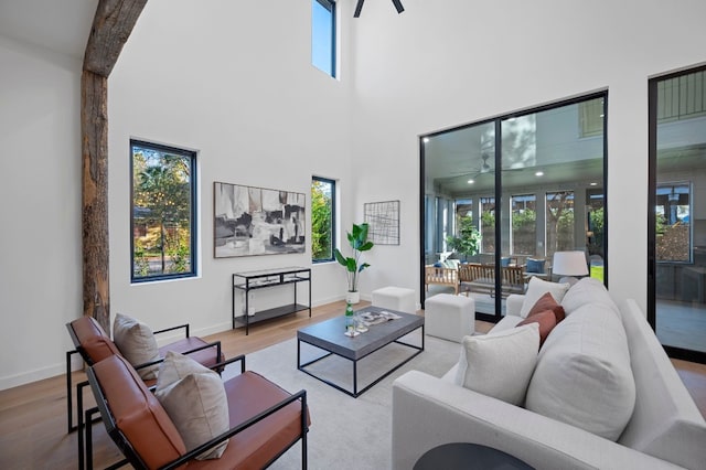 living room with beam ceiling, plenty of natural light, and light wood-type flooring