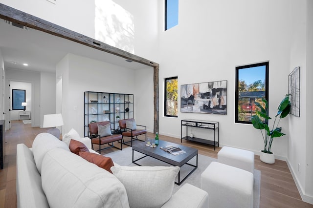 living room with a towering ceiling, light hardwood / wood-style flooring, and a healthy amount of sunlight