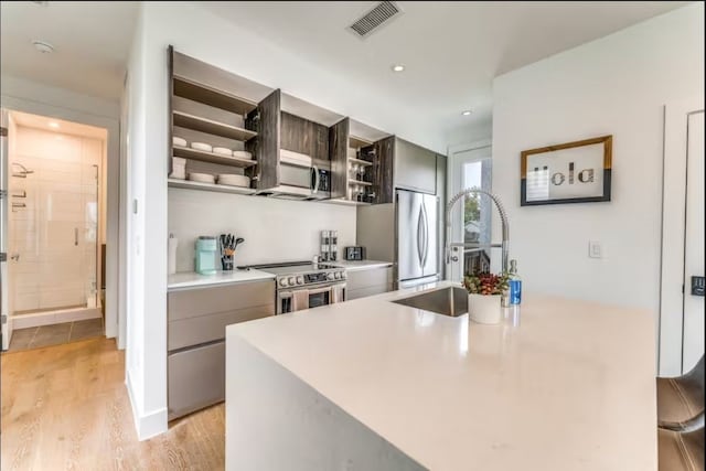 kitchen with appliances with stainless steel finishes, light wood-type flooring, and sink