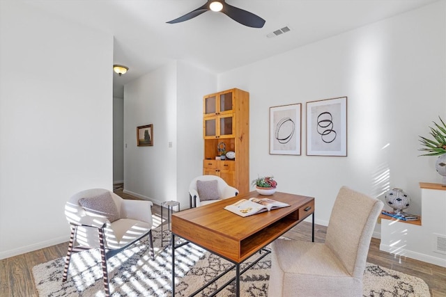 office featuring ceiling fan and hardwood / wood-style flooring