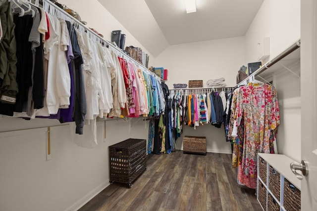 spacious closet featuring dark wood-type flooring and lofted ceiling