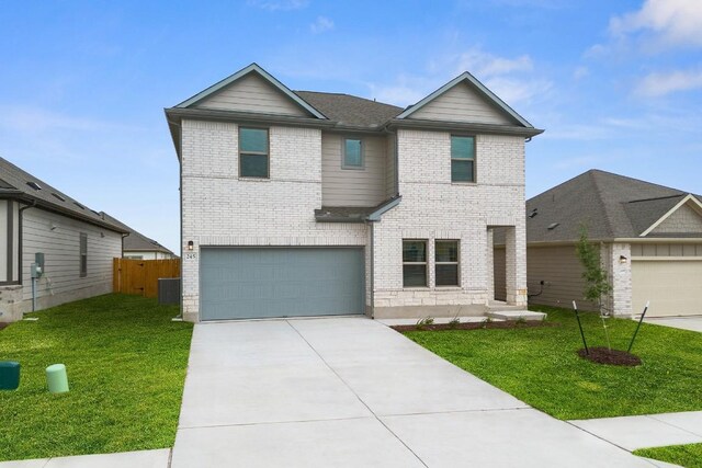view of front of home featuring brick siding, an attached garage, concrete driveway, and central AC unit