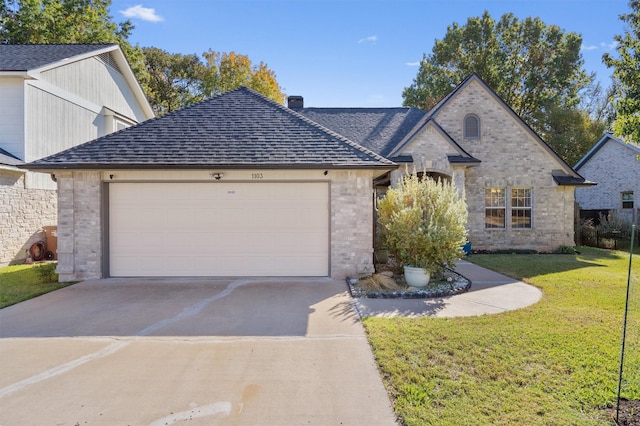 view of front of house featuring a front lawn and a garage