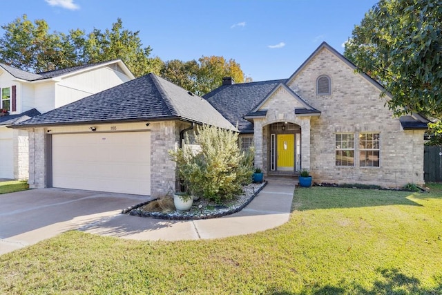 view of front of property featuring a garage and a front yard