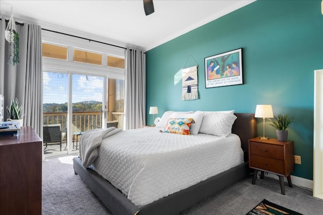 bedroom featuring access to outside, ceiling fan, and carpet flooring