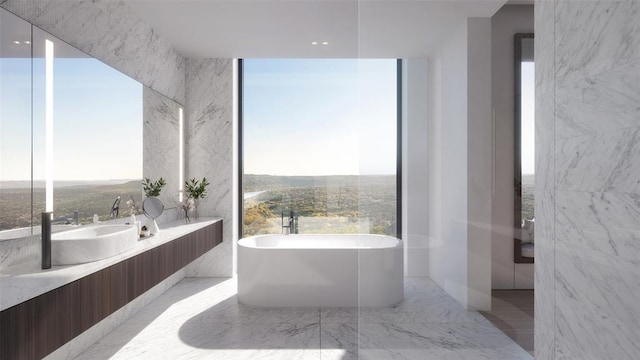 bathroom with a washtub, tile walls, and vanity