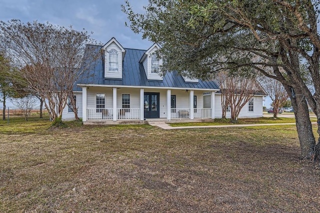 cape cod-style house with a porch and a front lawn