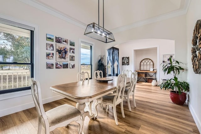 dining room with light hardwood / wood-style flooring and ornamental molding