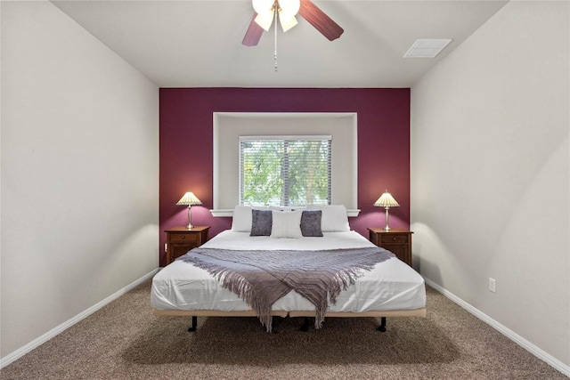 carpeted bedroom featuring ceiling fan