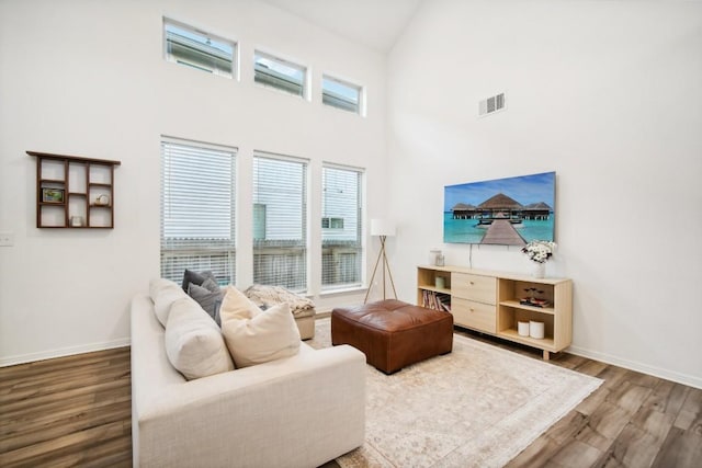 living room featuring wood-type flooring and high vaulted ceiling