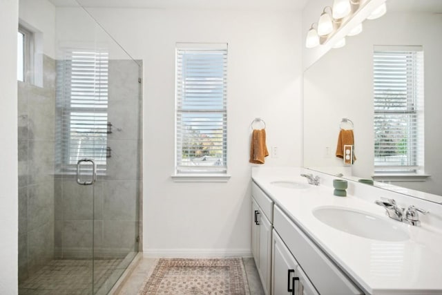 bathroom with plenty of natural light, vanity, and walk in shower