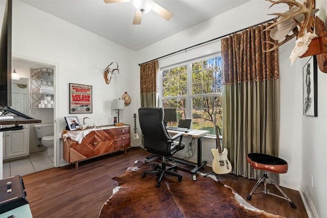 office area featuring hardwood / wood-style flooring and ceiling fan