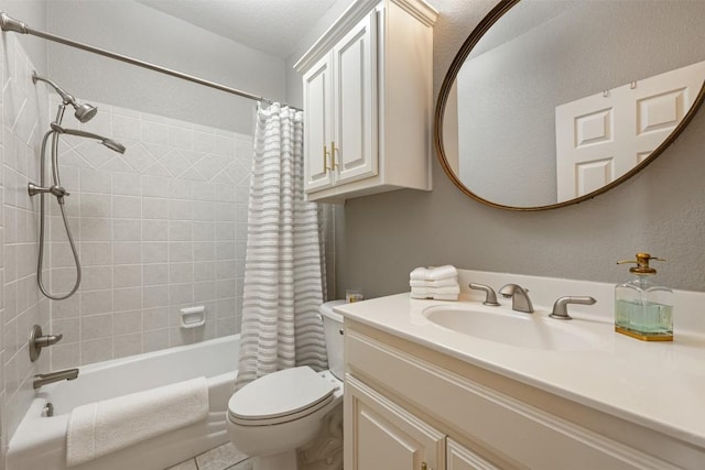 full bathroom with vanity, shower / bathtub combination with curtain, a textured ceiling, and toilet