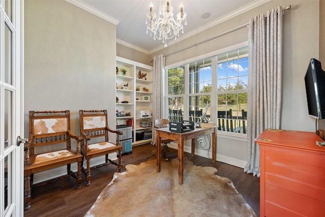 office area featuring crown molding, an inviting chandelier, and dark hardwood / wood-style flooring