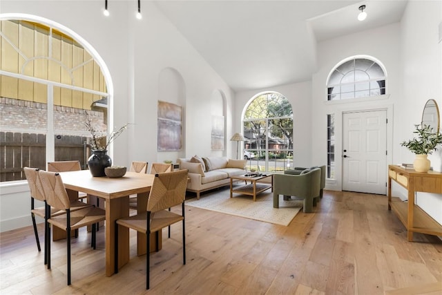 dining room with high vaulted ceiling and light hardwood / wood-style floors