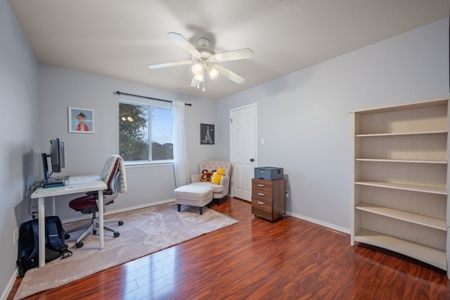 office space with ceiling fan and dark hardwood / wood-style flooring