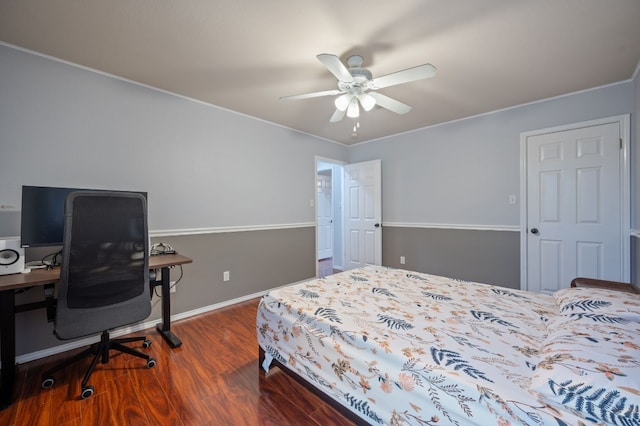 bedroom with wood-type flooring, ceiling fan, and ornamental molding