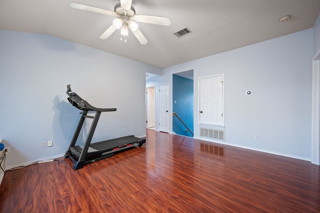 exercise area featuring hardwood / wood-style flooring and ceiling fan