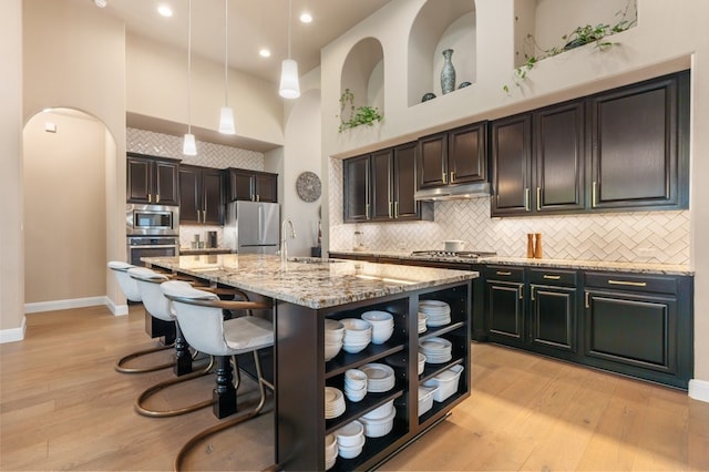 465 Linden Loop, Driftwood, TX 78619 - kitchen featuring stainless steel appliances, open shelves, a towering ceiling, under cabinet range hood, and light stone counters