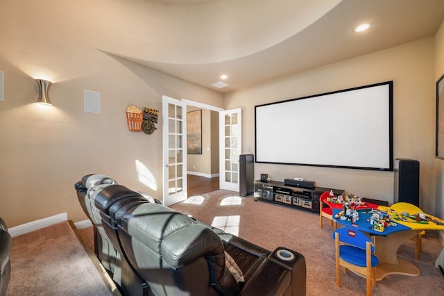 465 Linden Loop, Driftwood, TX 78619 - home theater featuring french doors, carpet, baseboards, and recessed lighting