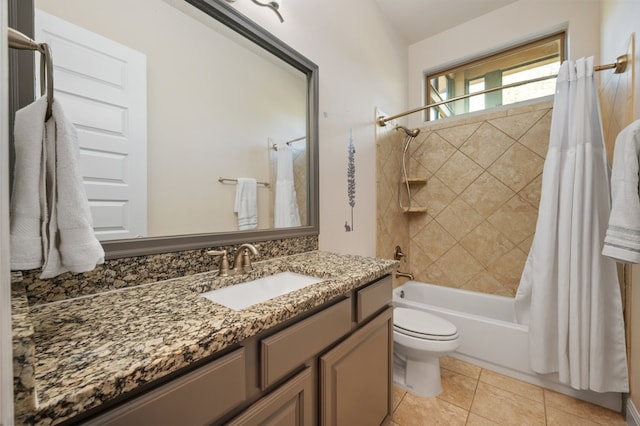 full bathroom featuring toilet, shower / tub combo, tile patterned floors, and vanity