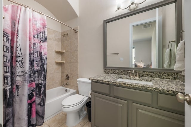 full bathroom featuring toilet, shower / bath combination with curtain, tile patterned floors, and vanity