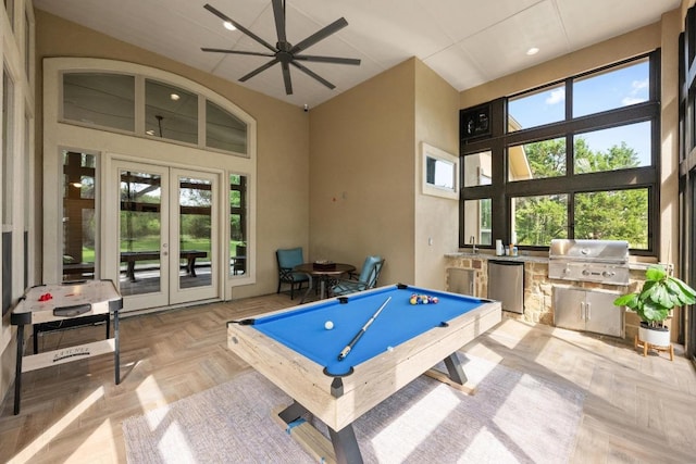 465 Linden Loop, Driftwood, TX 78619 - rec room featuring french doors, pool table, a towering ceiling, and a ceiling fan