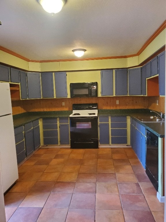 kitchen with sink, crown molding, and black appliances