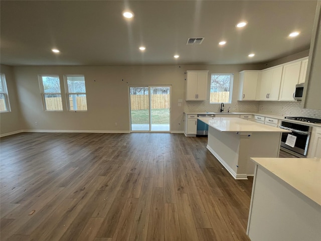 kitchen with dark hardwood / wood-style floors, a center island, sink, white cabinetry, and stainless steel appliances