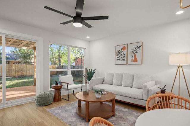 living room featuring hardwood / wood-style flooring and ceiling fan