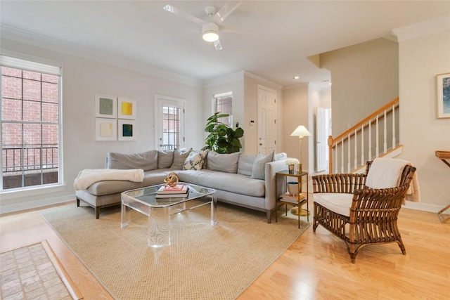 living room with wood-type flooring, ceiling fan, and ornamental molding