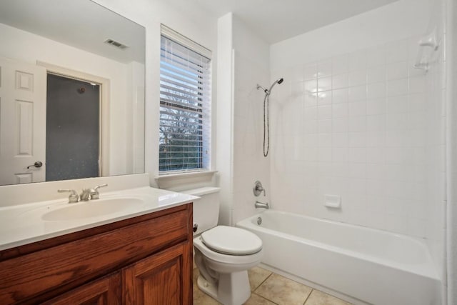 full bathroom featuring tile patterned flooring, vanity, toilet, and tiled shower / bath