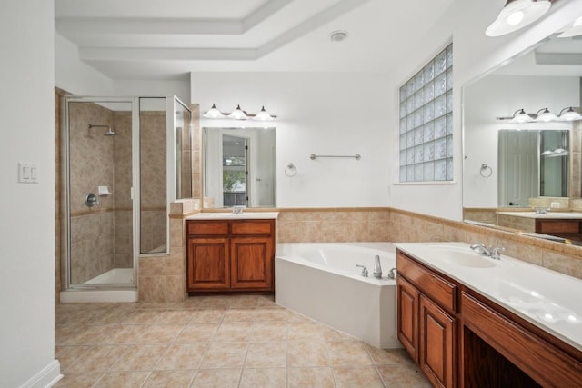 bathroom featuring vanity, tile patterned floors, and independent shower and bath