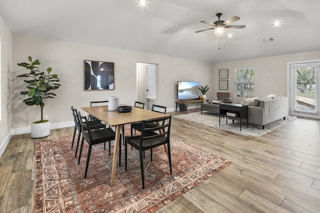 dining room with ceiling fan and light hardwood / wood-style flooring