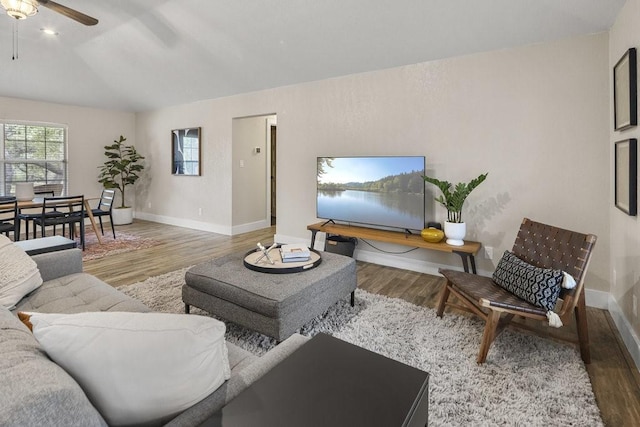 living room with wood-type flooring and ceiling fan