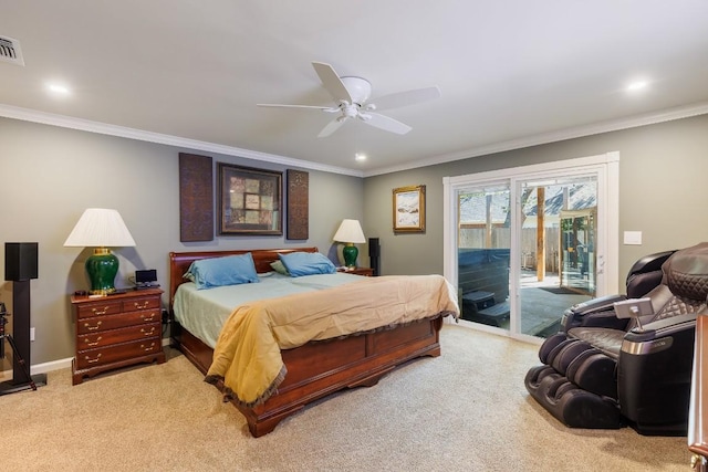 bedroom featuring access to outside, ceiling fan, and light carpet