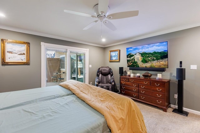 carpeted bedroom featuring access to exterior, ceiling fan, and ornamental molding