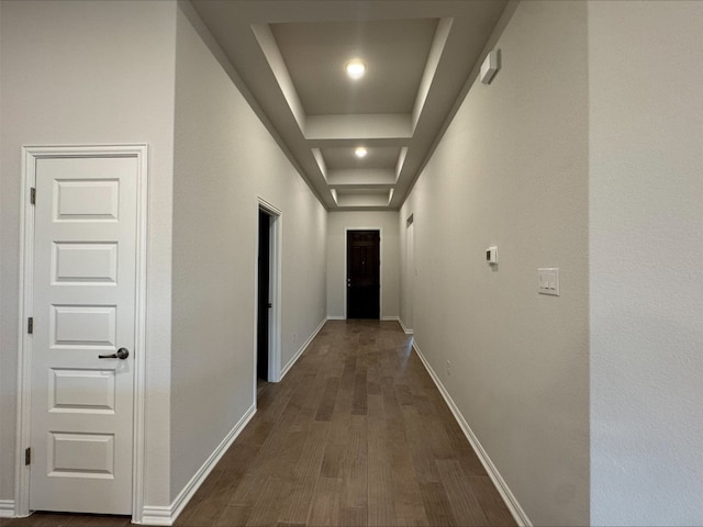 hallway with dark hardwood / wood-style flooring and a raised ceiling